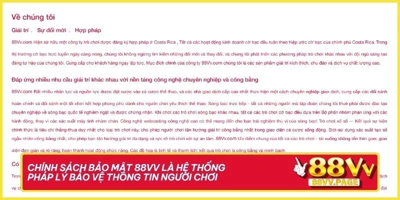 Chính Sách Bảo Mật 88VV - Hệ Thống Quy Định Chuẩn Mực 1 Chính sách bảo mật 88VV là hệ thống pháp lý bảo vệ thông tin người chơi